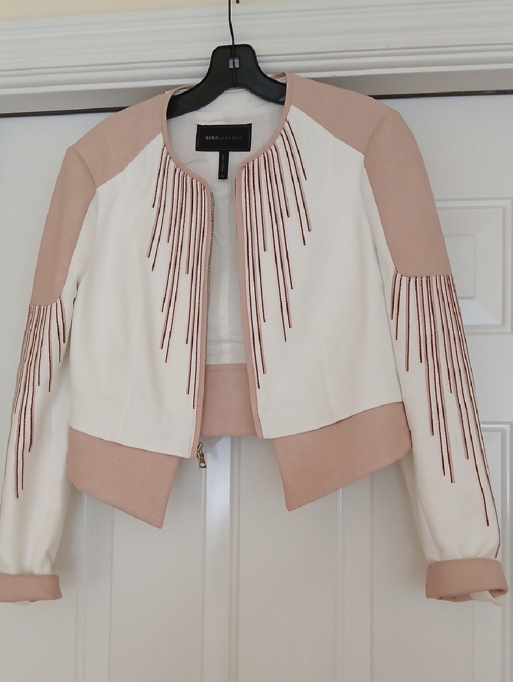 BCBGMaxAzria Cream and Blush Fringe Cropped Jacket